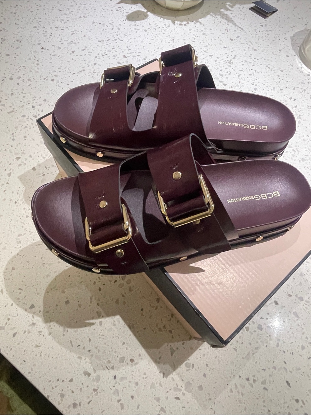 BCBGGENERATION Women's Dark Cherry Buckle Slide Sandals